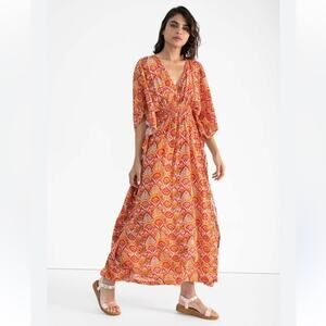 RUJUTA SHETH Marie Cinch Kaftan Maxi Boho Flowy Summer Dress in Red Ikat Sz S/M